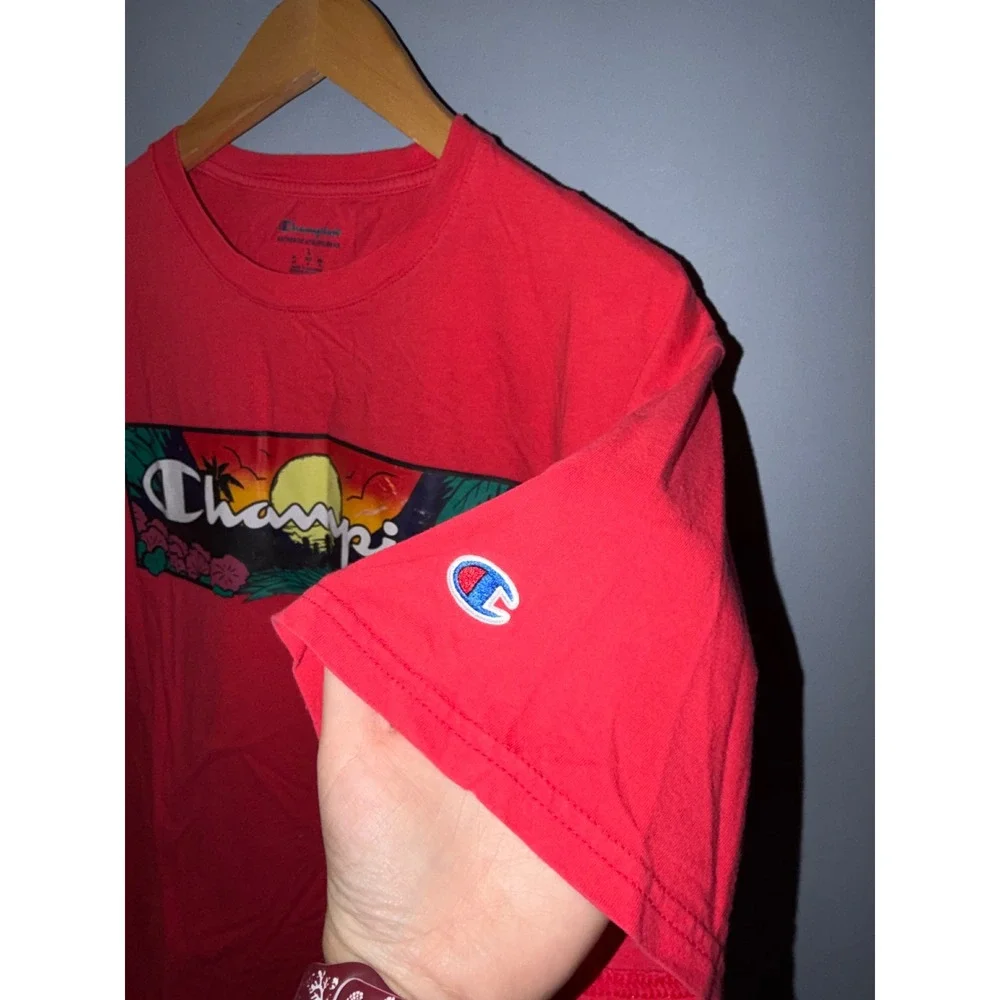 Champion Mens‎ Red Tropical Sunset Graphic Logo T-Shirt Size Large Short Sleeve - Picture 4 of 6